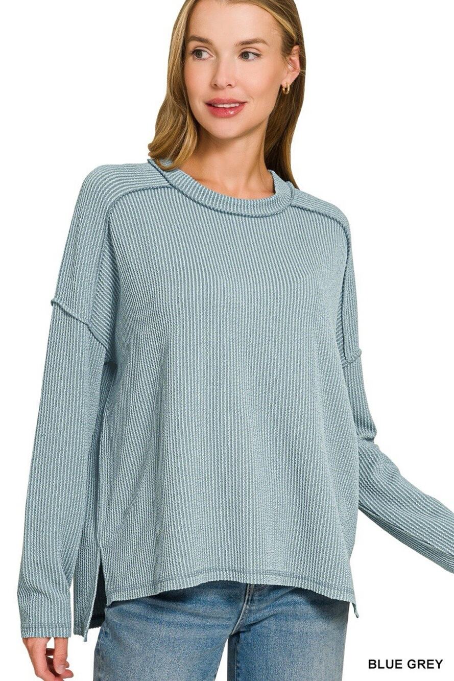 ZENANA RAISED RIB RAW EDGE BOAT NECK LONG SLEEVE TOP